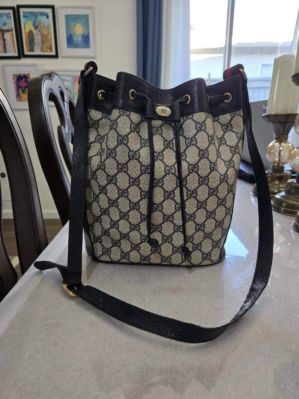Gucci Black/Beige GG Canvas Drawstring Shoulder Bag